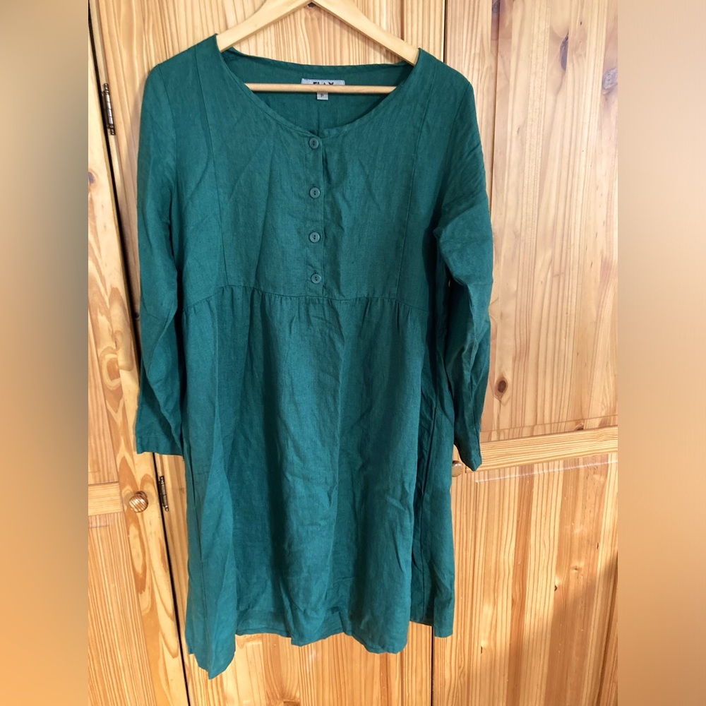 FLAX Linen Button Front Dress in Forest Green